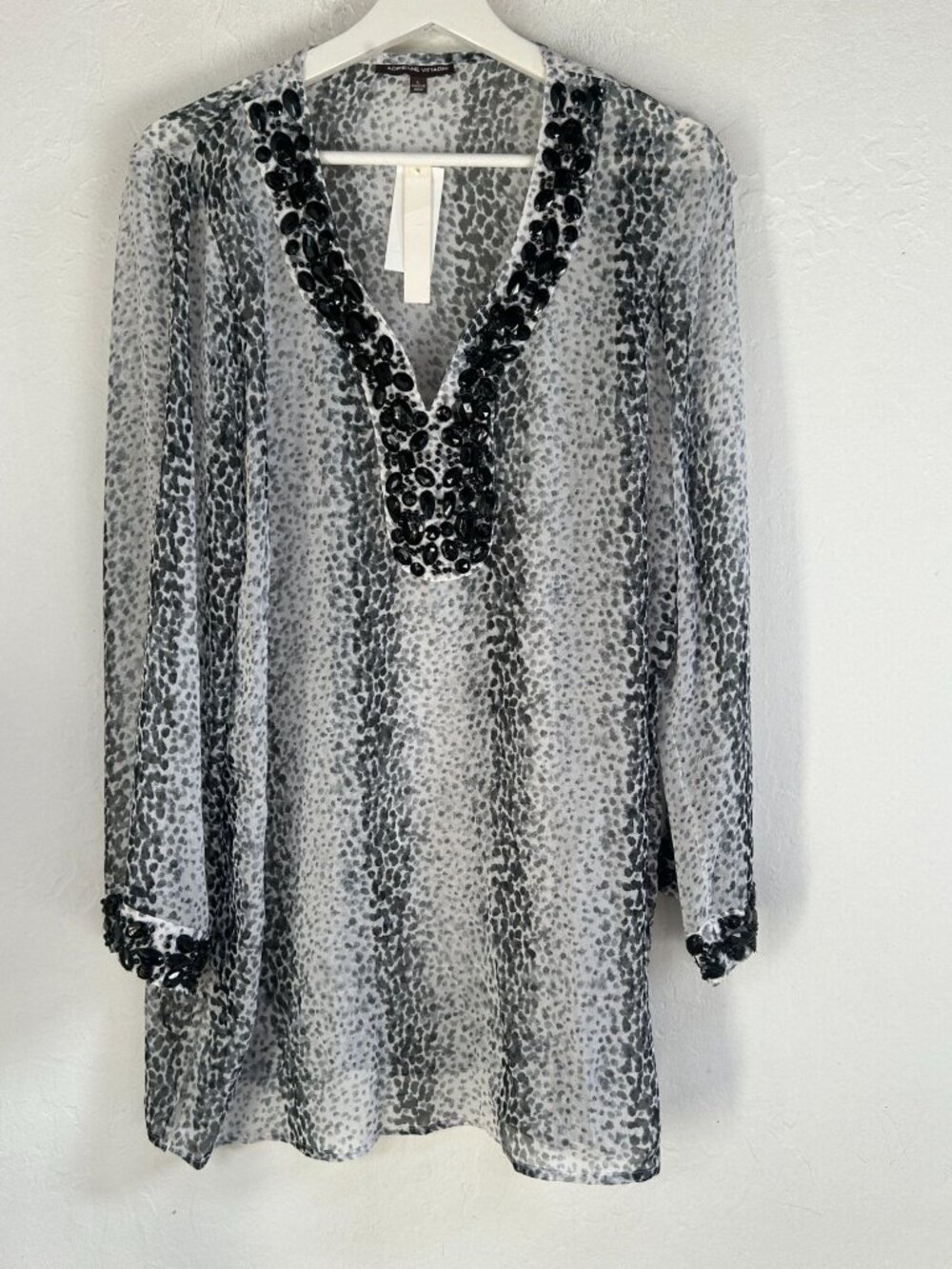Adrienne Vittadini Womens Beaded Black White Animal Print Tunic Top Large New